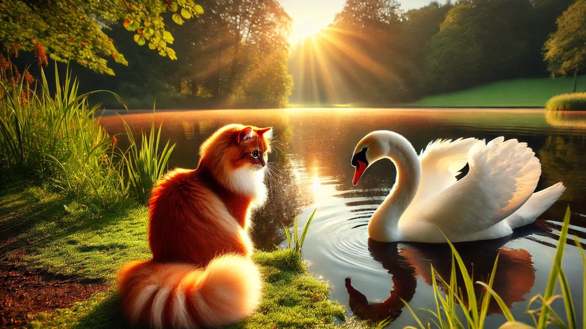 Ce chat aventurier fait une rencontre surprenante avec un cygne : leur réaction va vous étonner