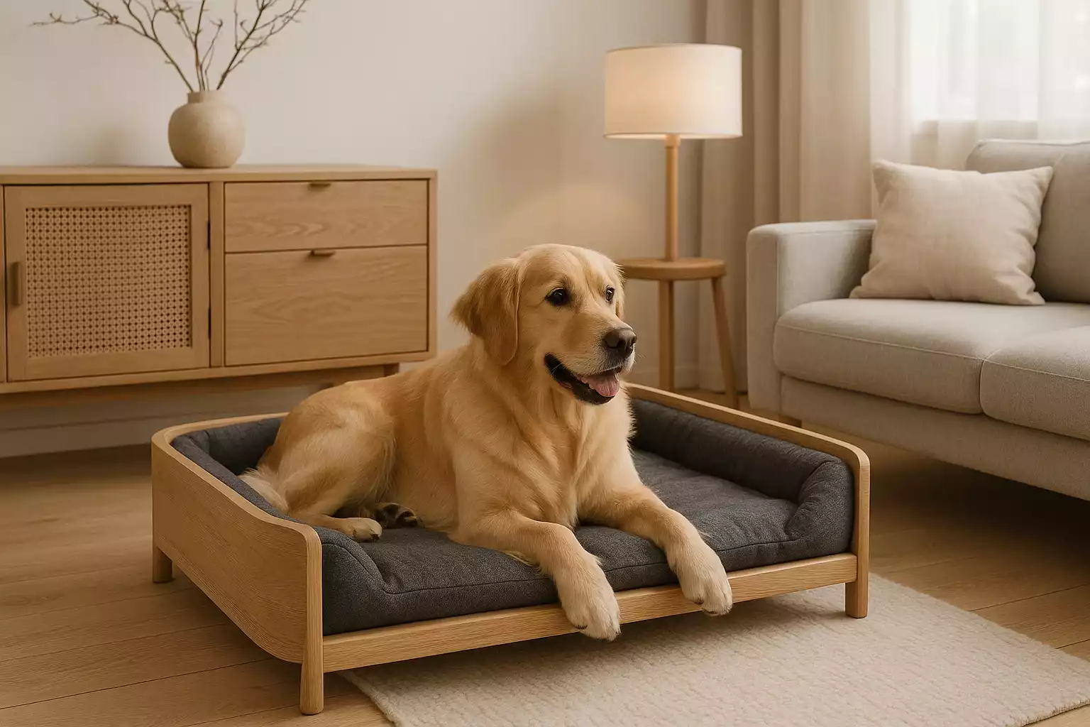 Panier pour chien design dans un salon moderne, avec chien installé confortablement.