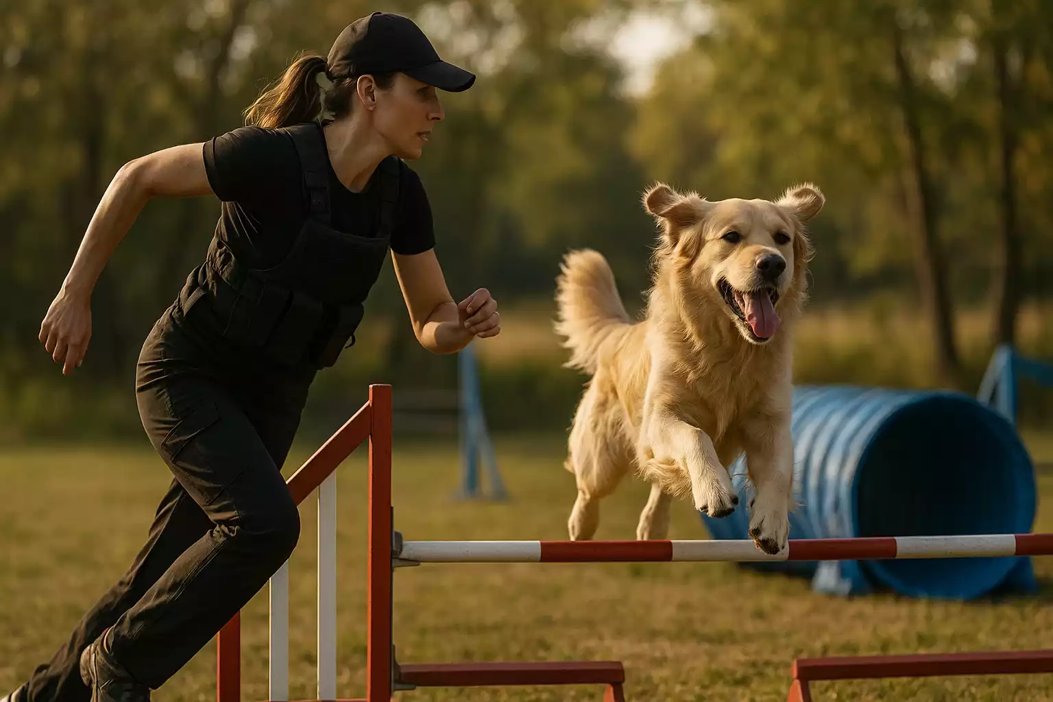 Un chien franchissant un obstacle d’agility sous le regard attentif de son maître