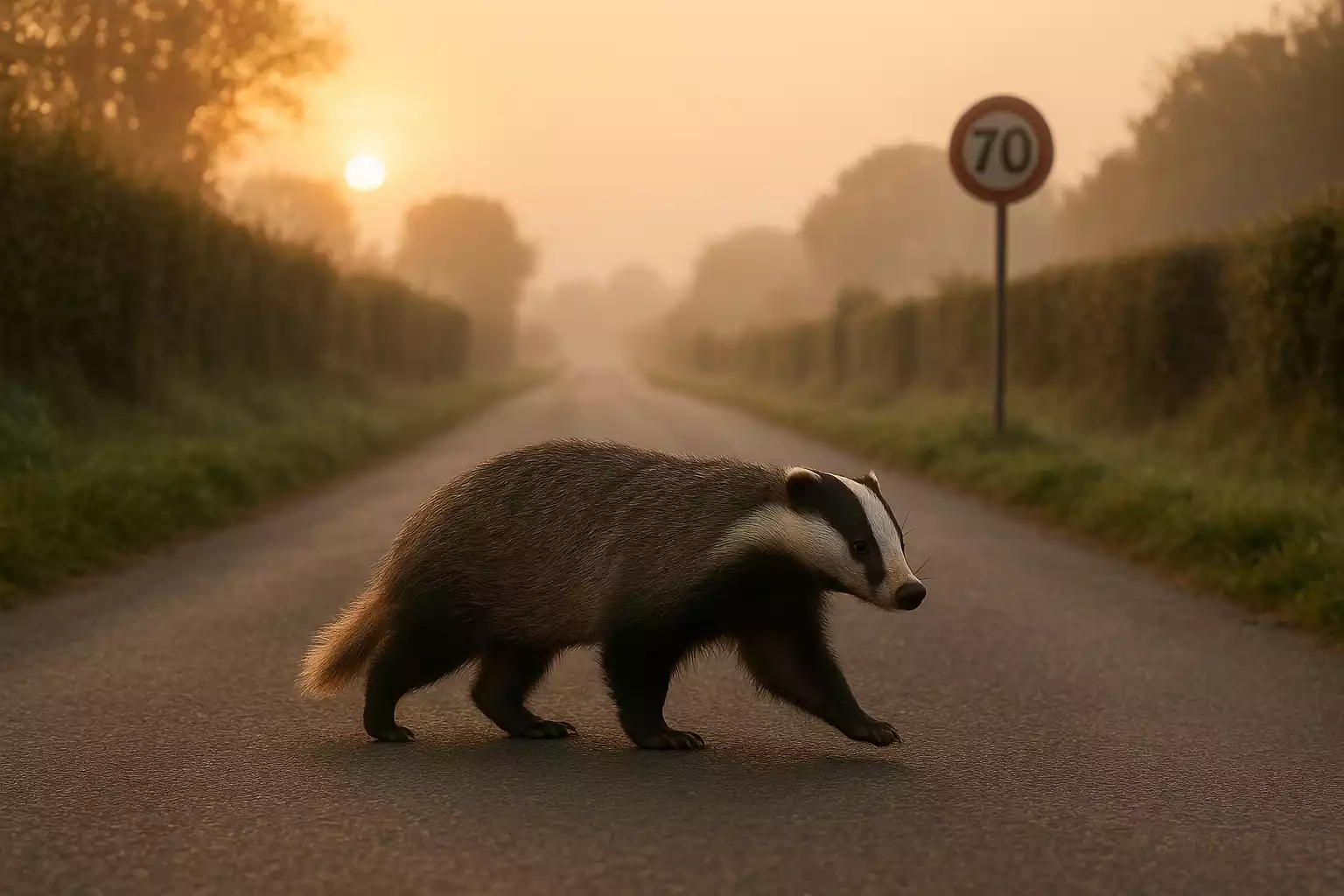 Blaireau sauvage traversant une route de campagne au petit matin en Normandie