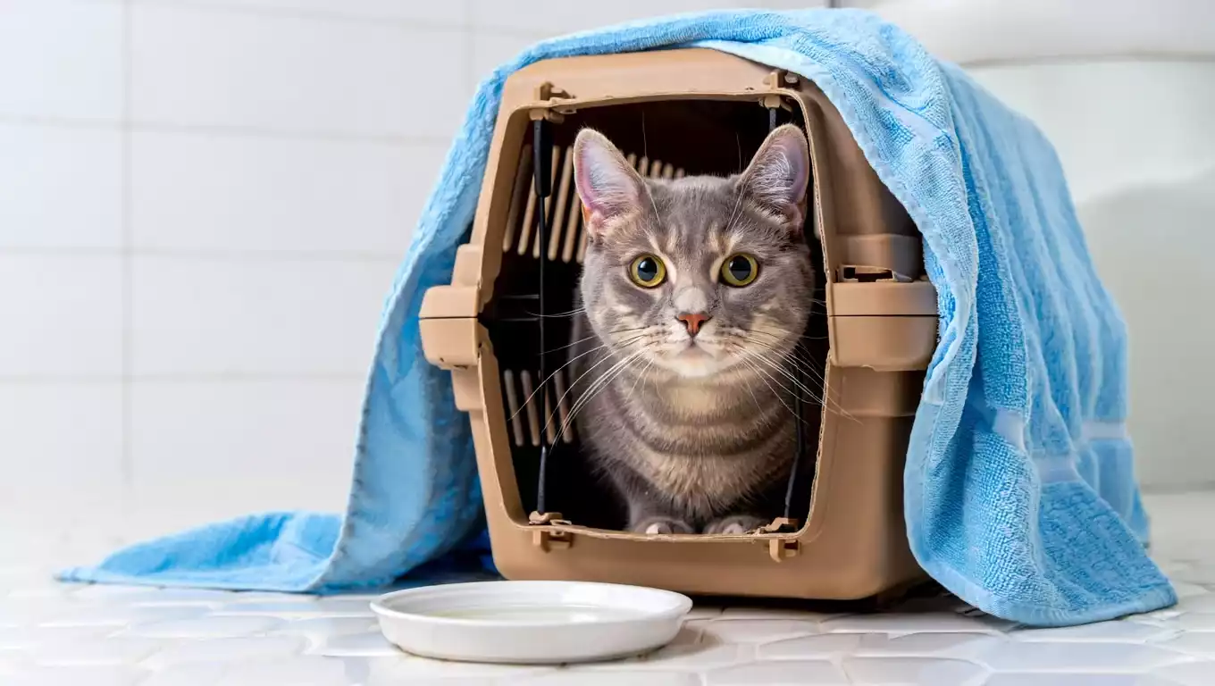 Chat enrhumé réalisant une inhalation douce dans sa caisse recouverte d’une serviette.