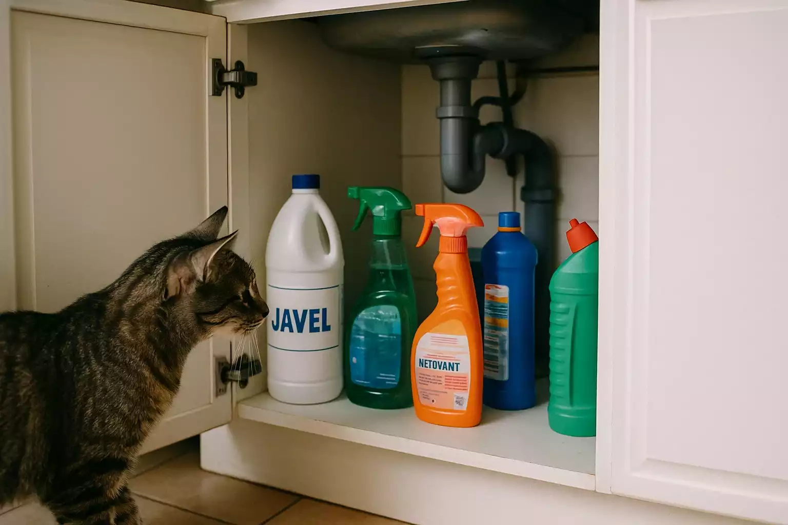 Chat domestique s’approchant de produits ménagers dans un placard de cuisine, dont une bouteille de javel