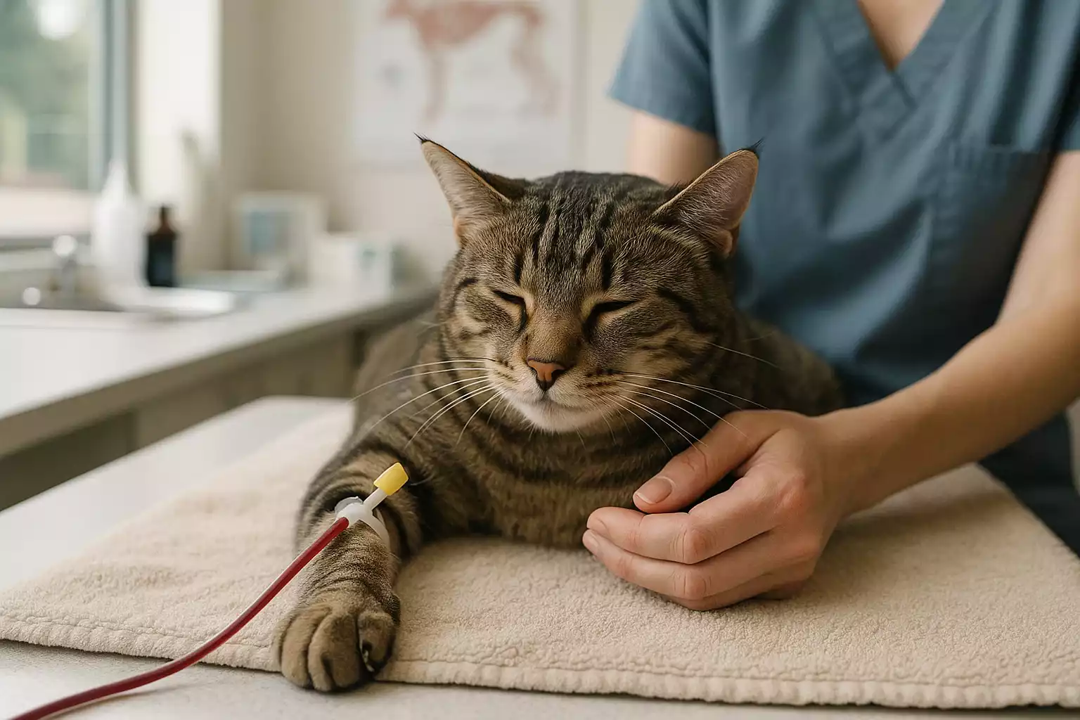 Chat tranquille donnant son sang dans une clinique vétérinaire, tenu par un assistant