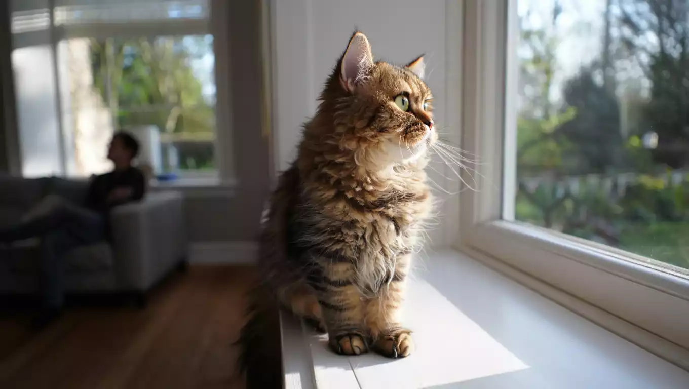 Chat Laperm au poil bouclé observant à distance dans un intérieur calme