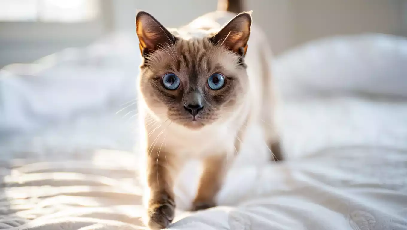 Chat siamois aux yeux bleus regardant son maître, parfait pour les personnes seules