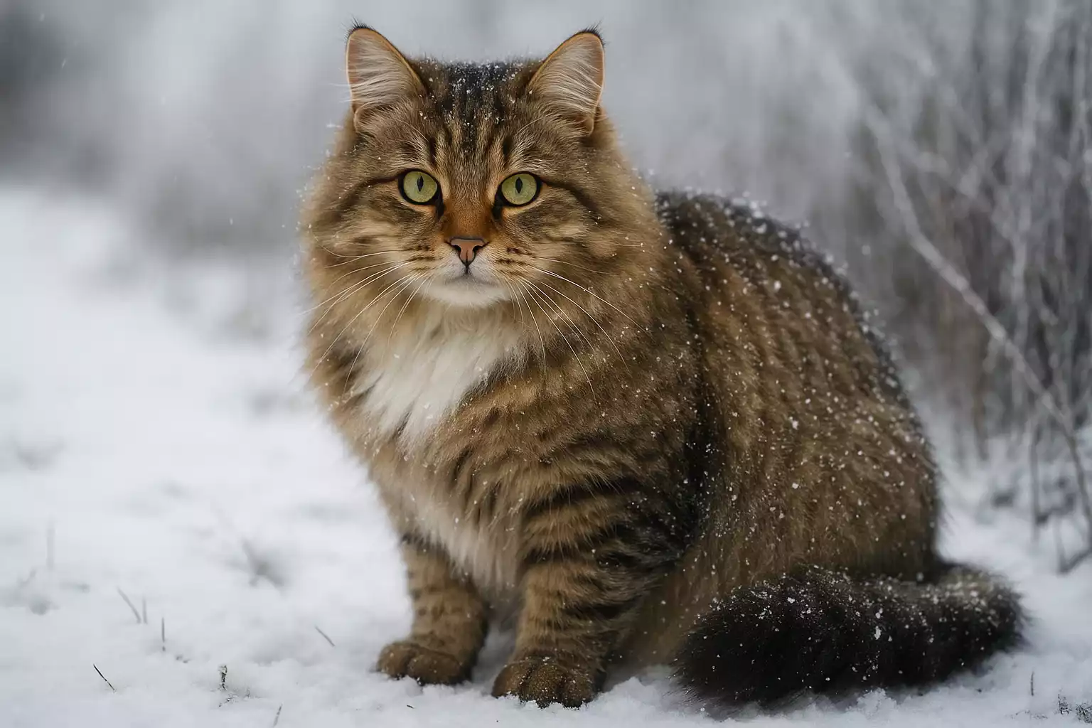 Chat Sibérien assis dans la neige, avec un pelage épais et soyeux, observant calmement l’objectif, des flocons accrochés à sa fourrure.