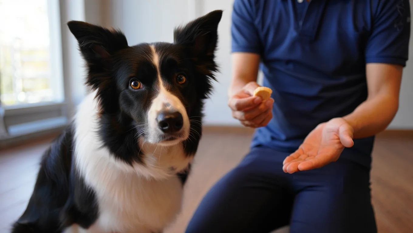 Jeune chien en séance d’éducation dans une cuisine familiale, ambiance naturelle et spontanée