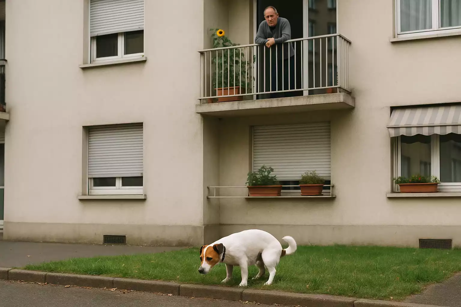 Chien observé par un voisin depuis un balcon d’immeuble alors qu’il fait ses besoins dans un jardin commun