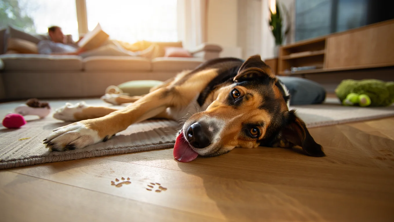 Chien adolescent allongé dans un salon après une séance de jeu, entouré de jouets et lumière naturelle douce