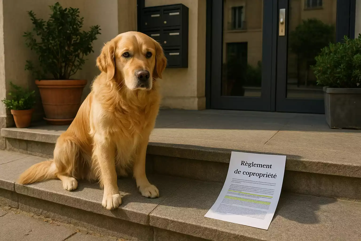 Chien assis à l’entrée d’un immeuble avec un contrat de copropriété posé à côté de lui