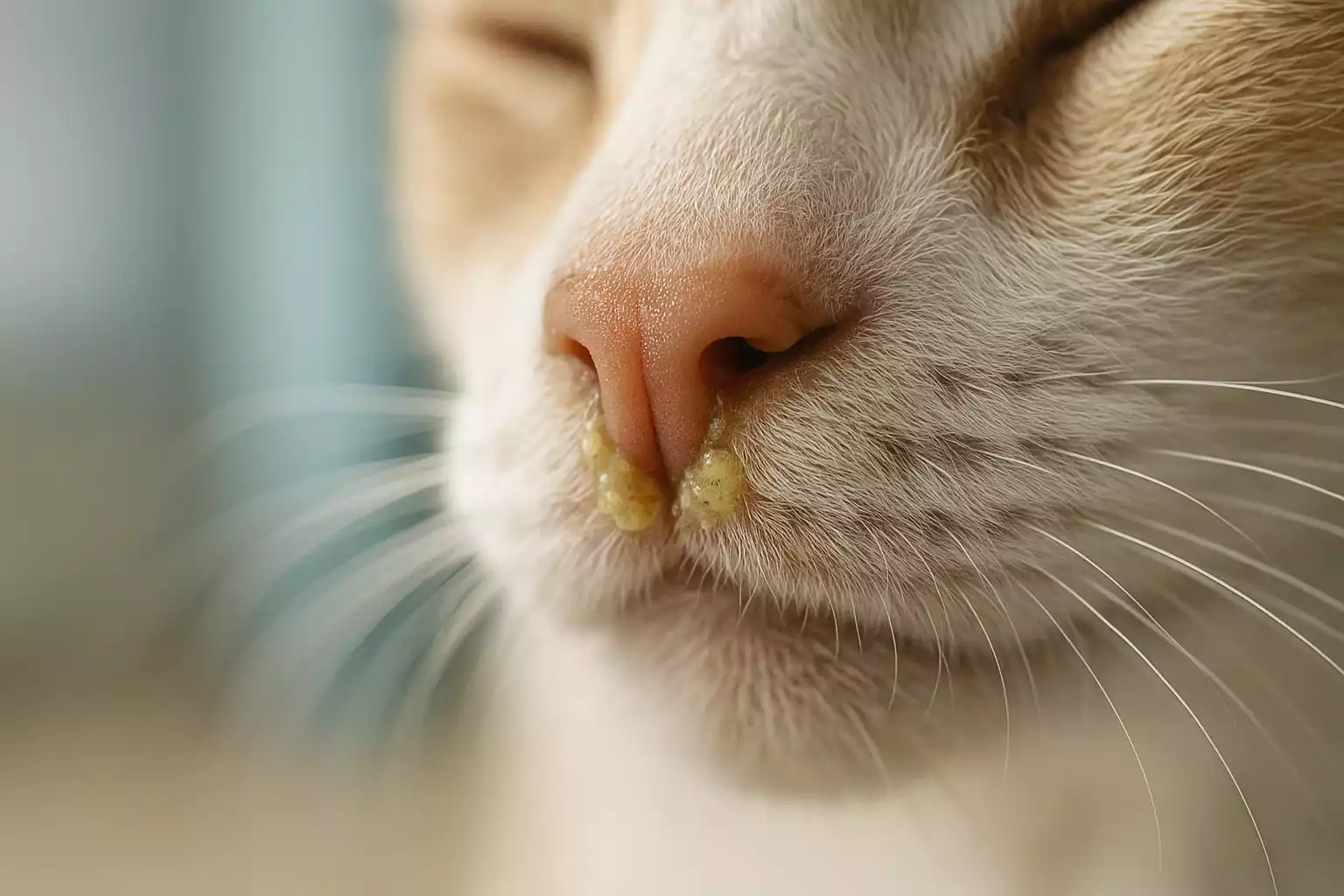 Zoom sur un nez de chat montrant des sécrétions, indicateur d’un besoin de nettoyage.