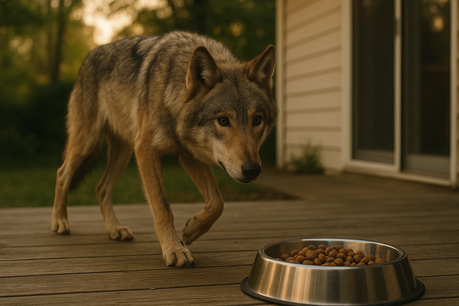 Un loup s’approche d’une gamelle de croquettes posée sur une terrasse