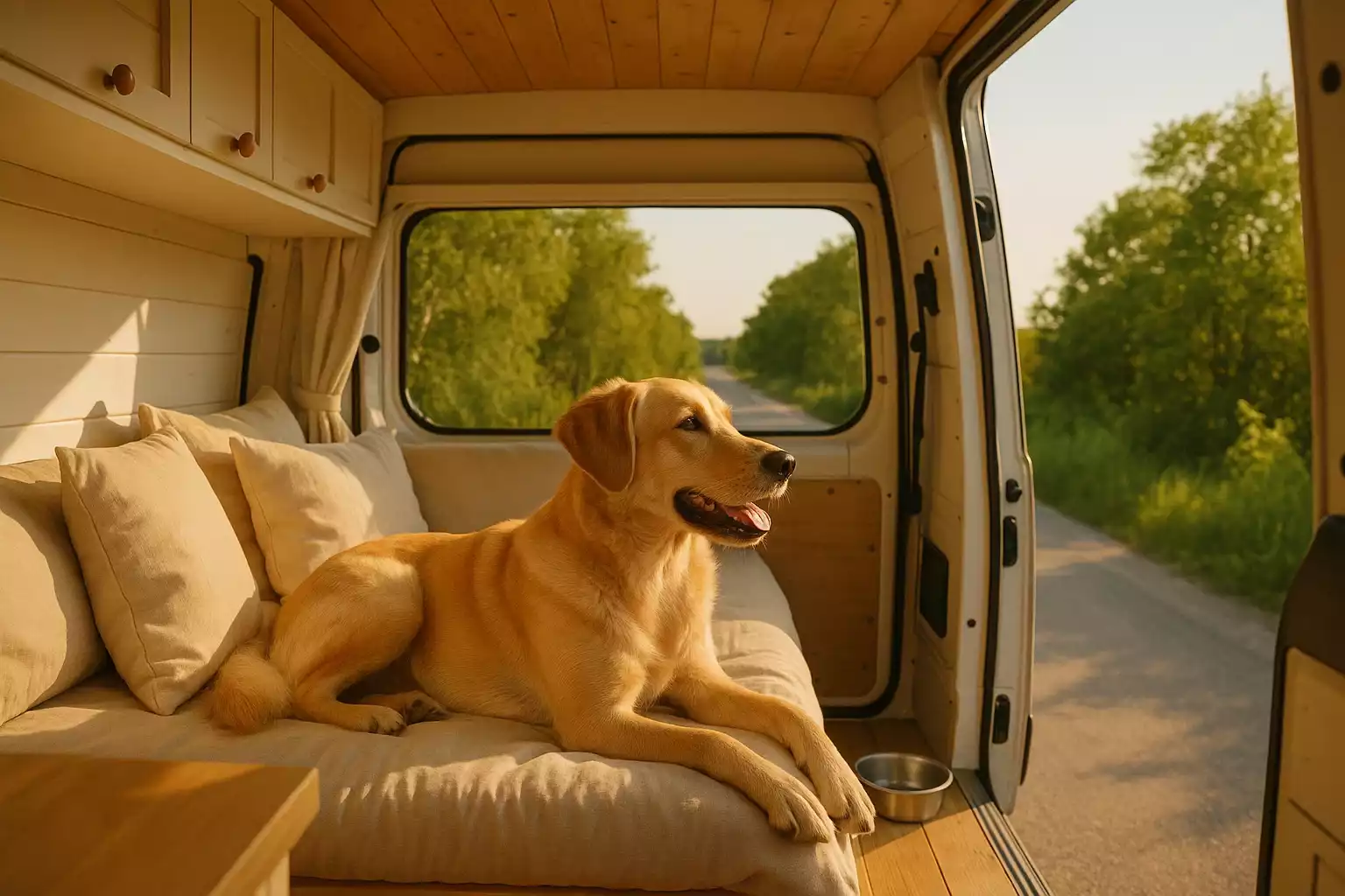 Chien détendu allongé dans un van aménagé pour l’été lors d’un road trip au Québec, porte ouverte sur une route bordée de verdure.