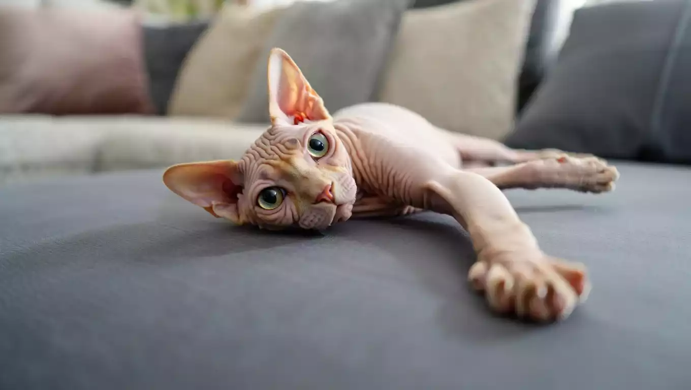 Chat Sphynx sans poils allongé sur un canapé, peau nue visible et ambiance chaleureuse en intérieur