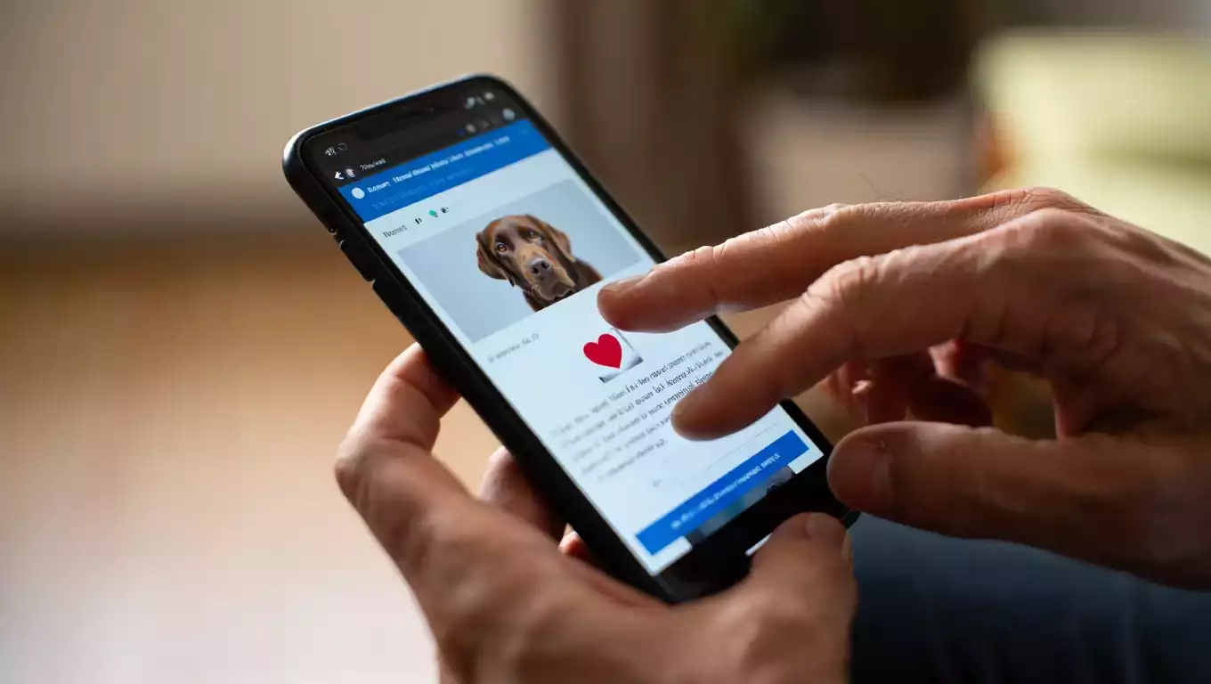 Personne votant en ligne pour le plus beau chien du Nord sur un téléphone