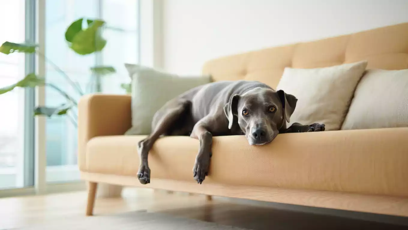 Whippet allongé confortablement sur un canapé dans un salon moderne et lumineux.