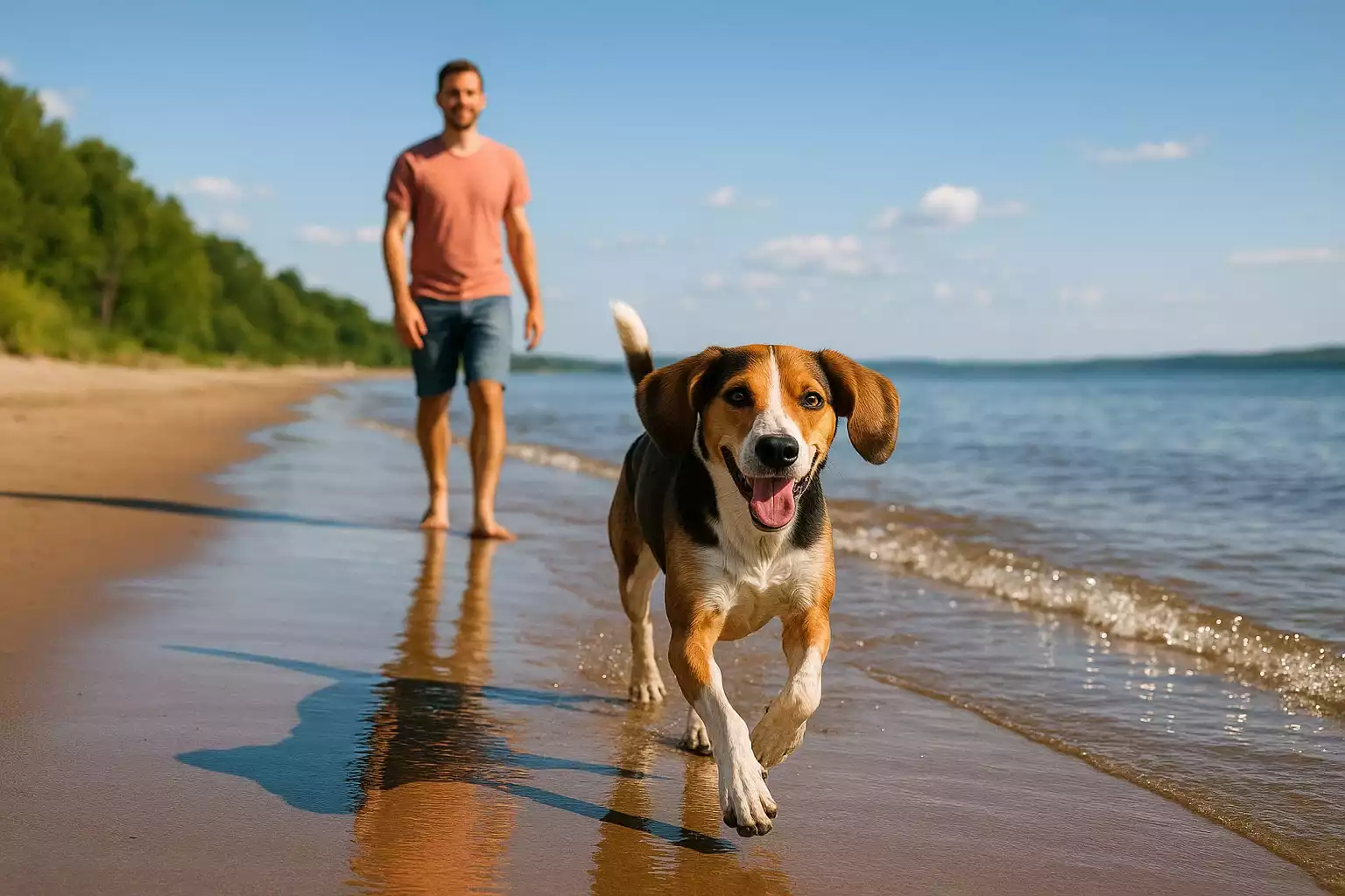 Chien courant librement sur une plage au Québec, avec maître en arrière-plan