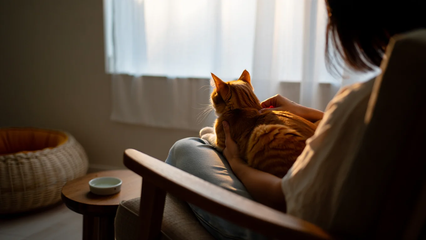 Chat couché sur les genoux d’une personne dans un salon, signes d’une future adoption