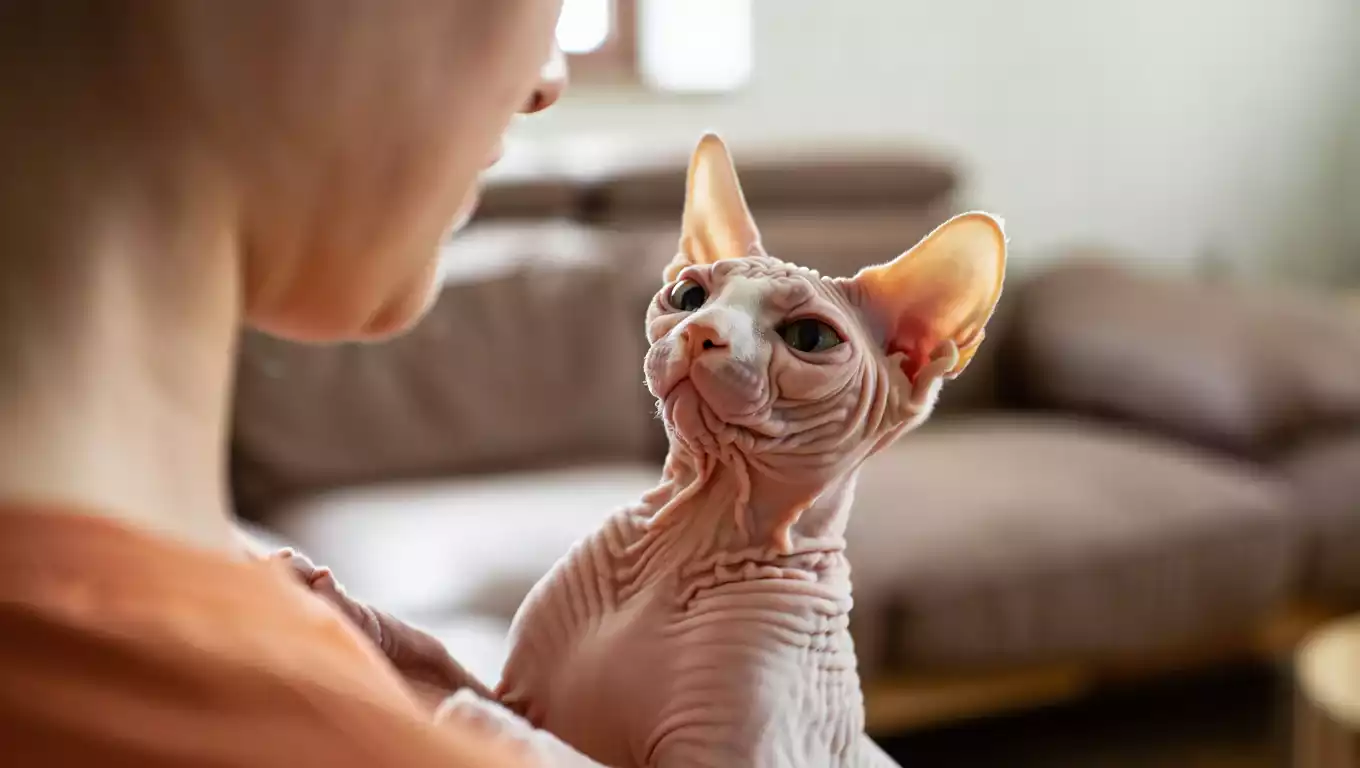 Chat Sphynx collé à son maître sur le canapé, race très fusionnelle