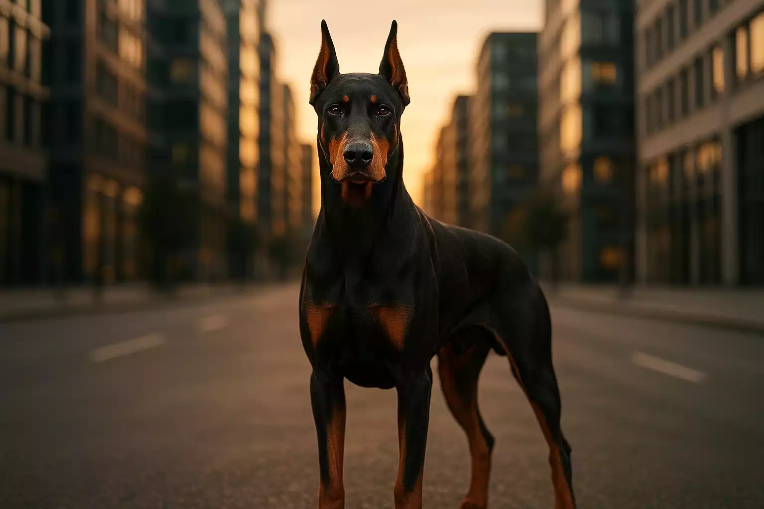 Dobermann debout dans une rue élégante au coucher du soleil, regard attentif et fier