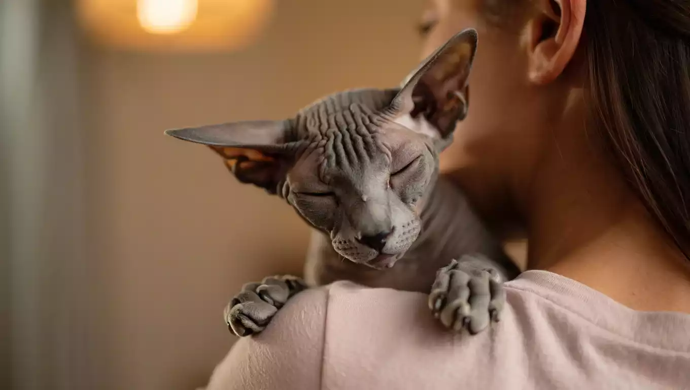 Donskoy sans poil blotti sur les épaules de son maître en quête de chaleur