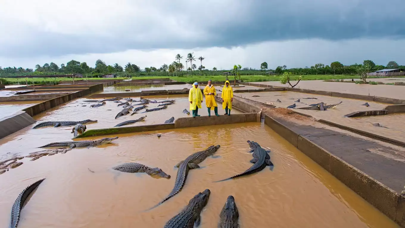 Vue aérienne d’une ferme inondée avec des crocodiles visibles dans des bassins débordants, des employés en tenue de protection observant la situation