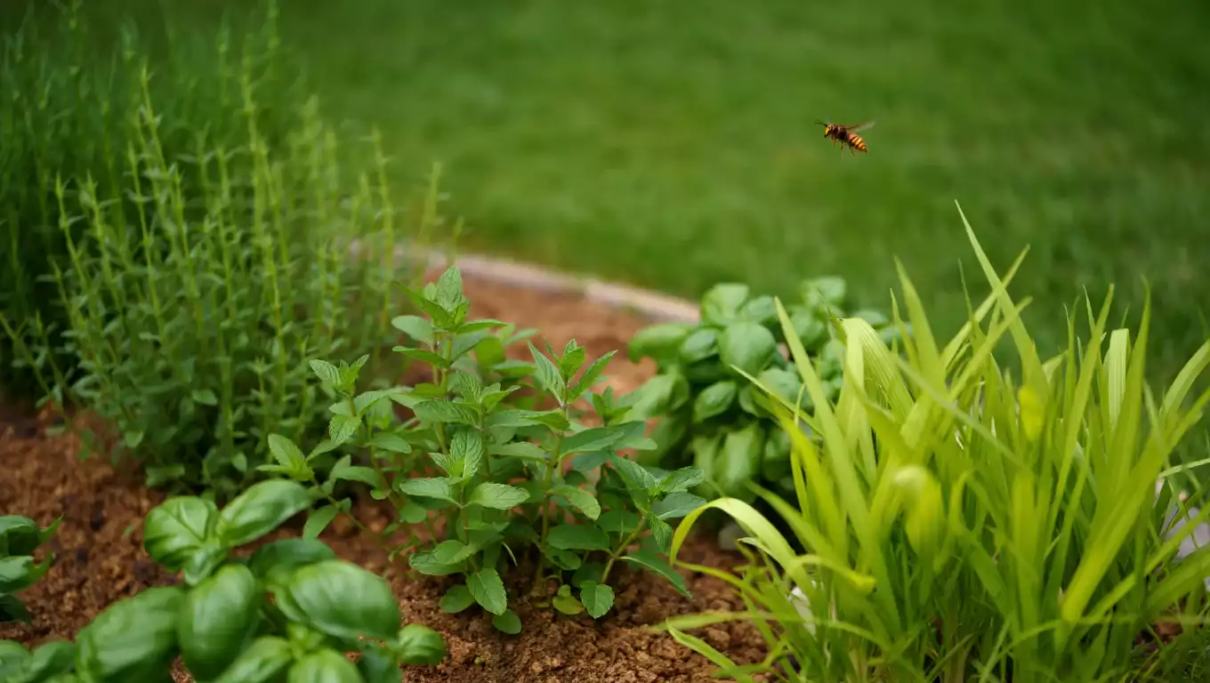 Parterre de jardin planté de menthe, basilic et citronnelle pour éloigner naturellement les frelons.