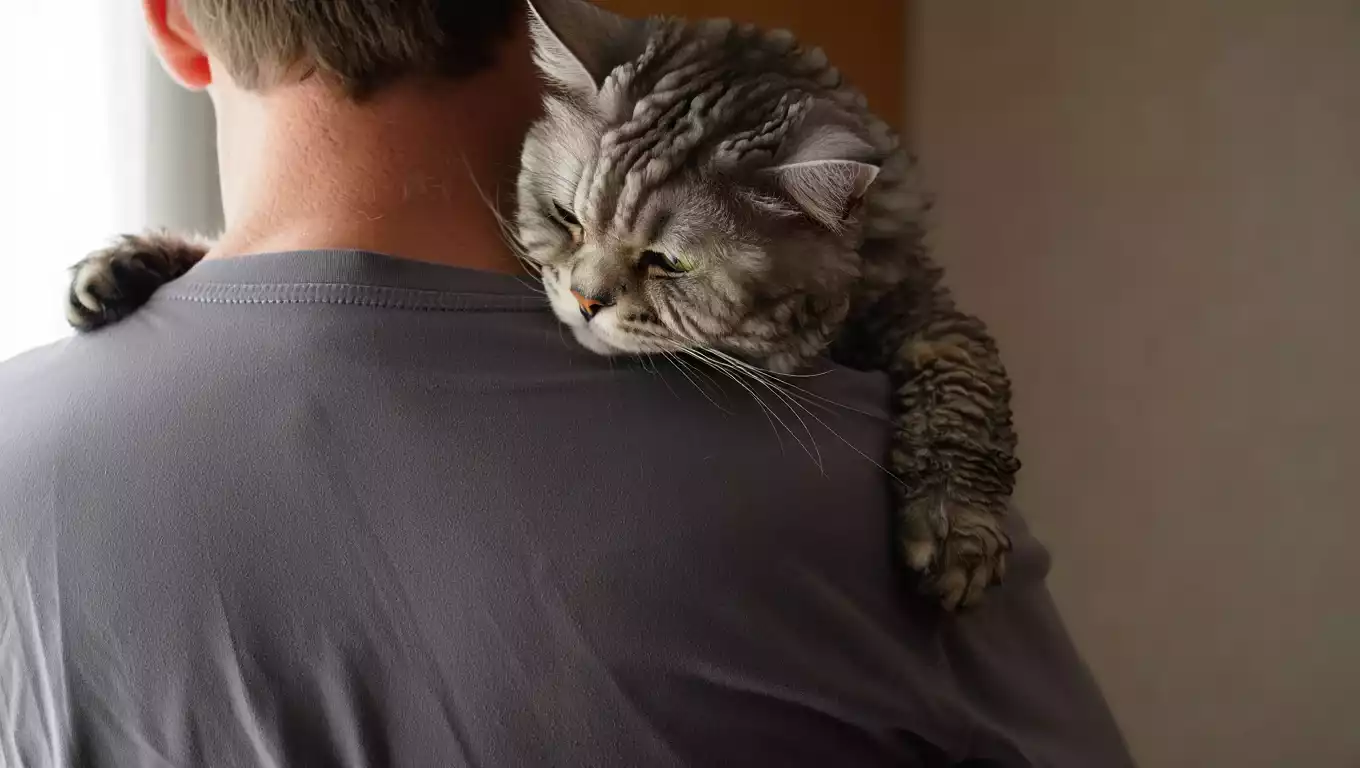 Chat Laperm aux poils frisés lové sur les épaules d’un humain