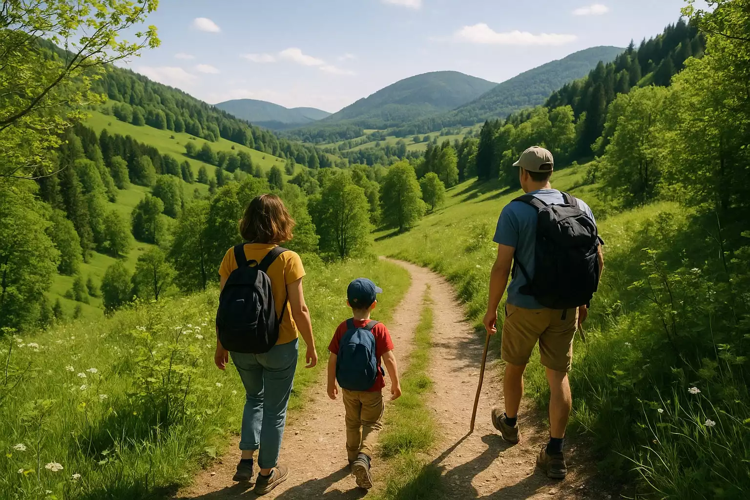 Famille en randonnée sur les sentiers de La Beaufortine dans le Jura.