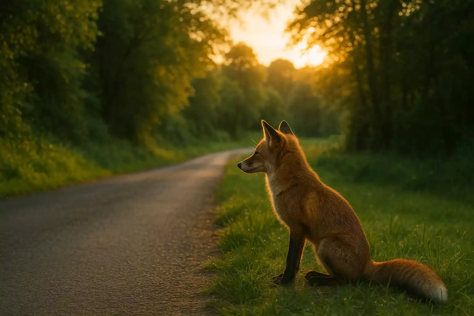 Renard roux en bordure de champ observant une route au crépuscule en Normandie