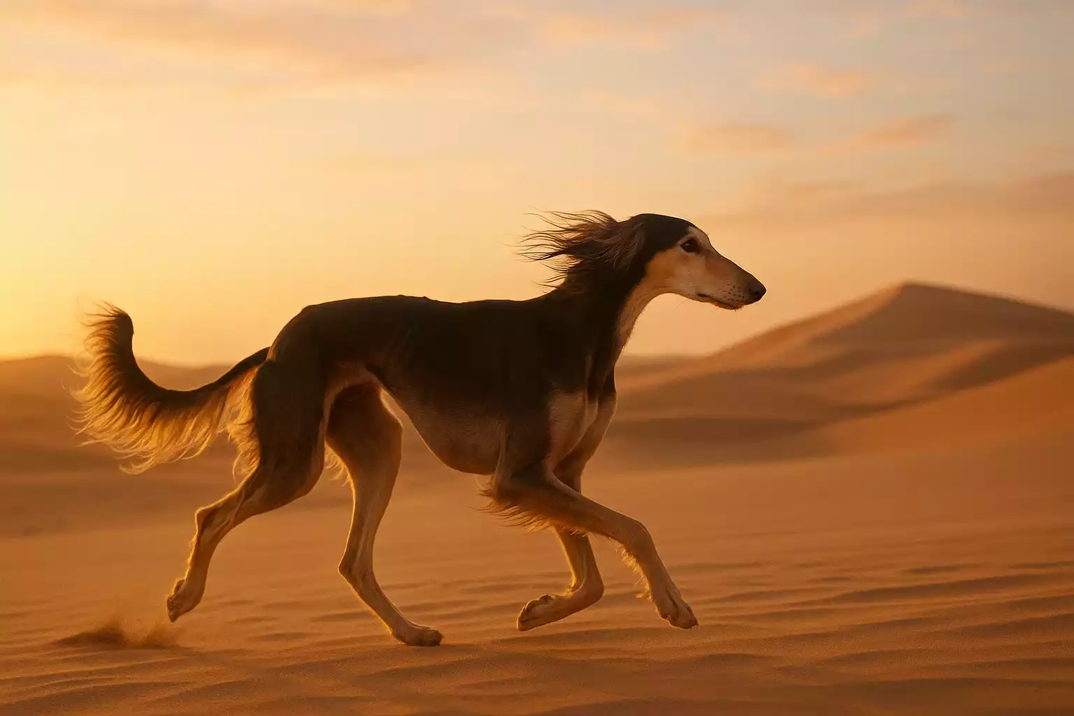 Saluki élancé courant dans le désert au lever du soleil, silhouette gracieuse.