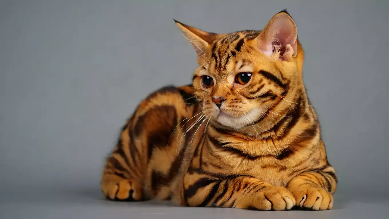 Chat Toyger rayé brun et noir, photographié allongé sur fond neutre.